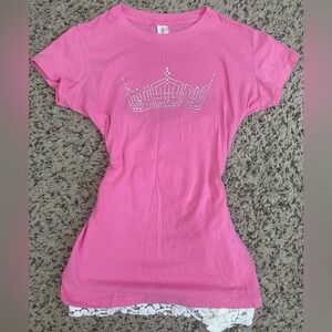 [SOLD] Y2k Mcbling Crown Embellished Pink Top